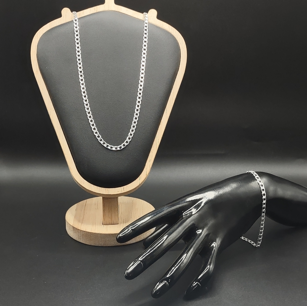 925 Sterling Silver Plated 4mm Cuban Chain Necklace Bracelet Set Christmas Gift